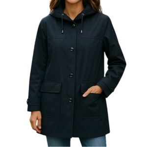 VINTAGE Fen-Nelli Signature Navy Blue Button Front Jacket Removable Hood Size 10